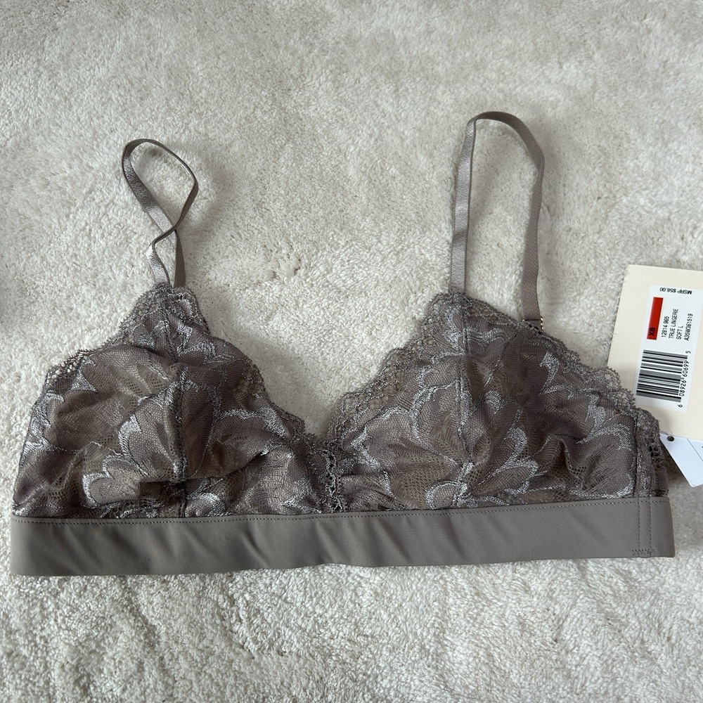 New! $58 True & Co Triangle Lingerie Lace‎ Wireless Bralette Taupe Sz Small NWT